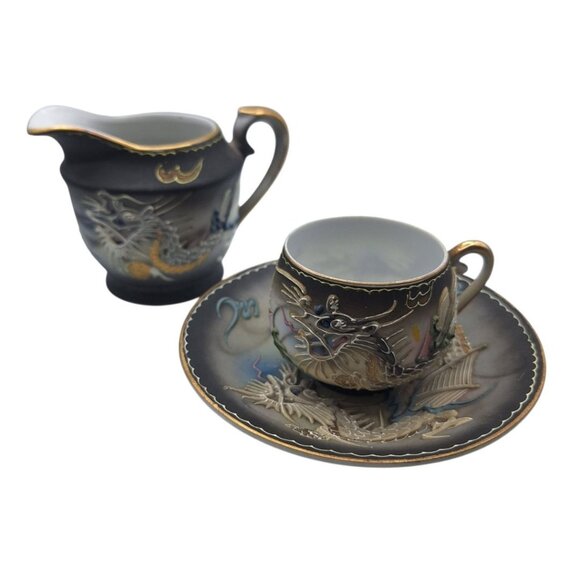 Dragonware Japanese Moriage Cream Pitcher Black Blue Raised Saucer Teacup Set - Picture 1 of 8